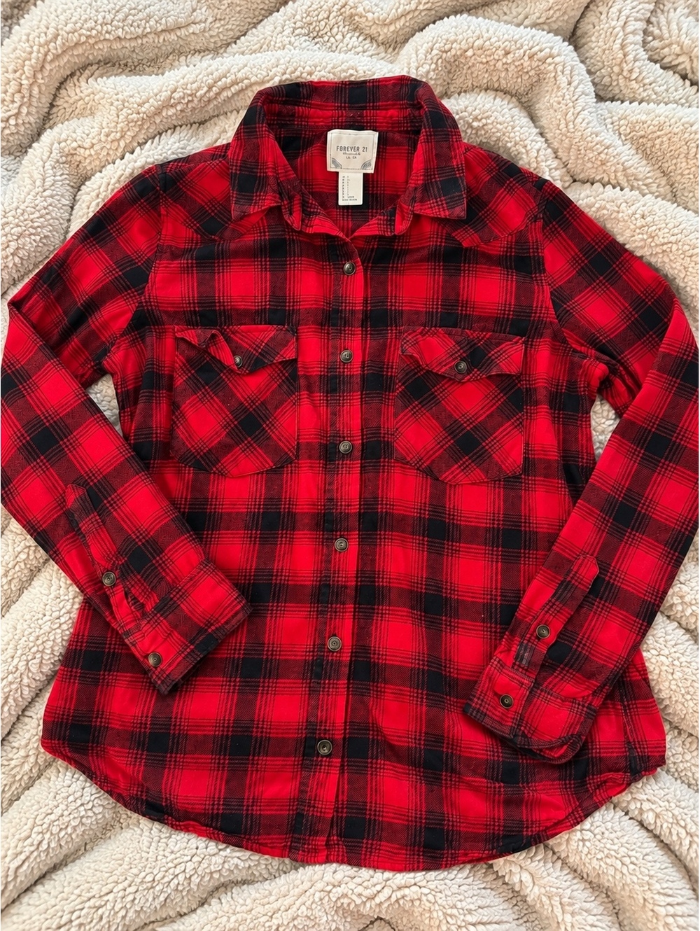 Forever 21 Red and Black Plaid Button-Up Shirt